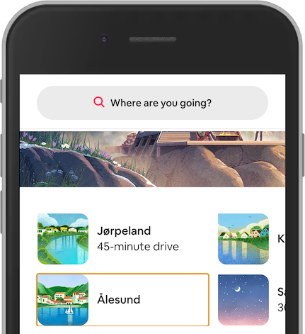 来自修改后的 Airbnb 的屏幕截图,在焦点链接 Ålesund 周围显示橙色轮廓。