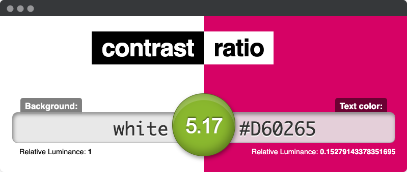 Contrast Ratio 的屏幕截图显示白色背景上的粉红色,对比度为 5.17。